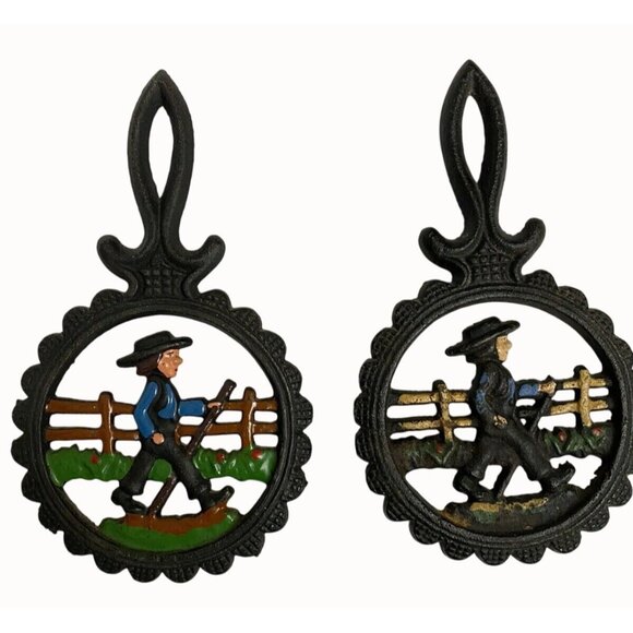 Vintage 1980's Small 2 Hand Painted Quaker Man Amish Cast Iron Trivets - Picture 1 of 6